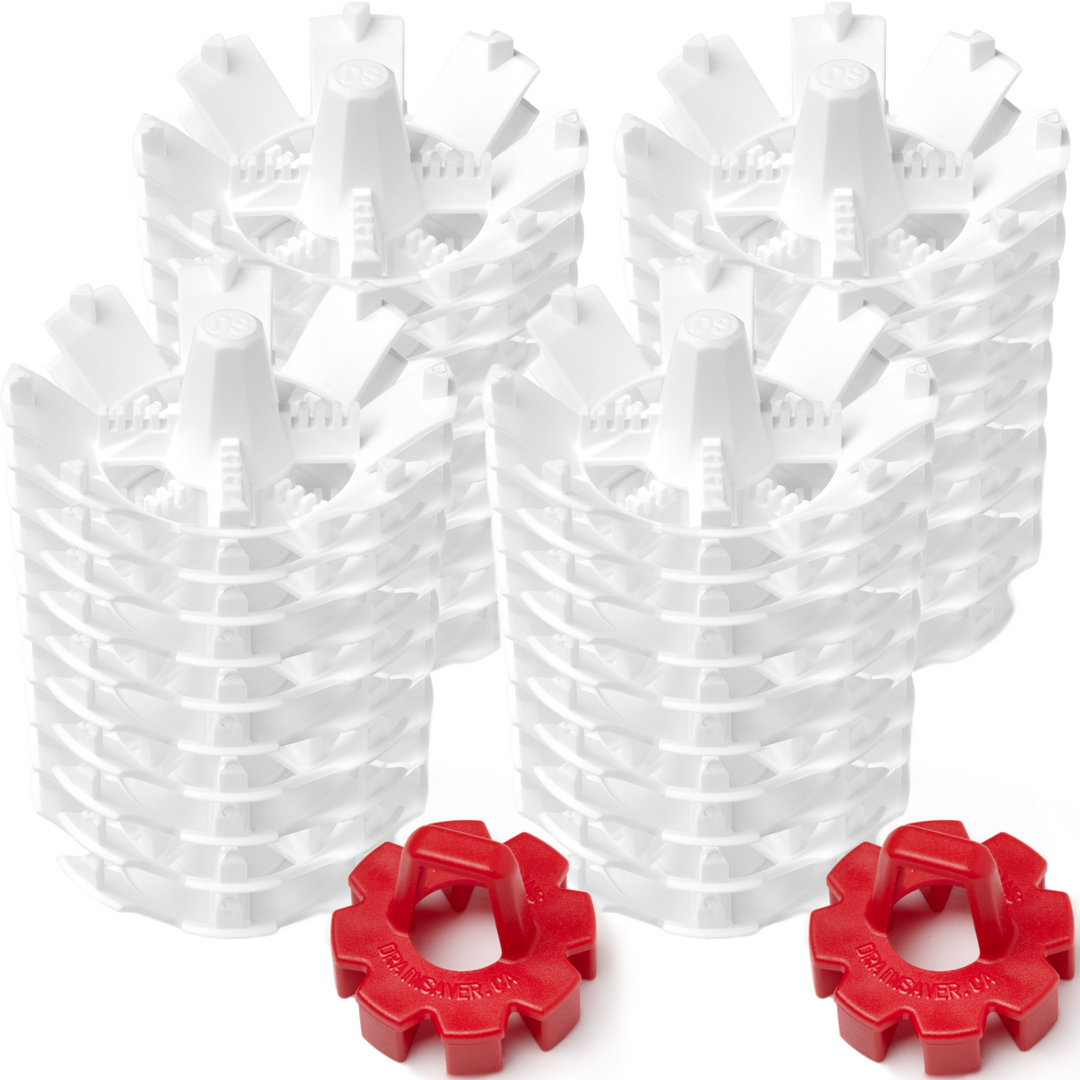 Drain Saver -USA– Canada - Hair catcher, hair trap, hair stopper & strainer  - Set of 40 white Drain Savers with 2 red keys - the bath tub hair catcher that protects your drain from clogging